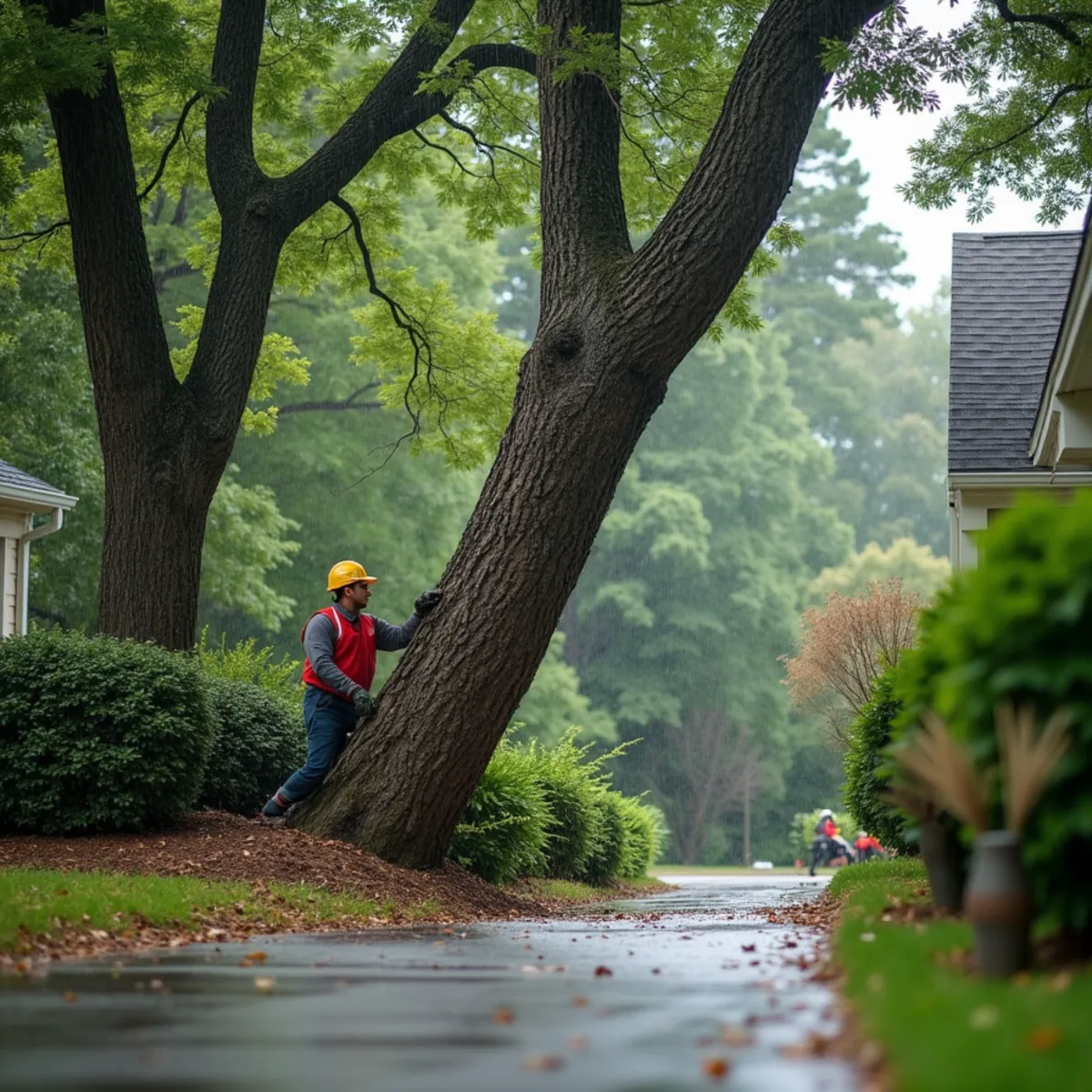 Tree leaning severely toward residential driveway after heavy rain