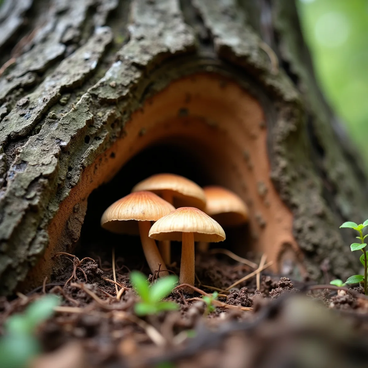 Bracket mushrooms and decay cavity at base of leaning tree