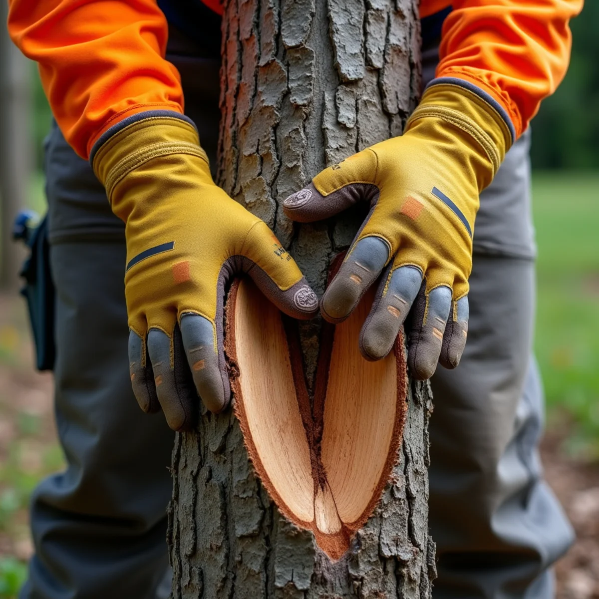 Tight V-shaped trunk union with included bark splitting under stress