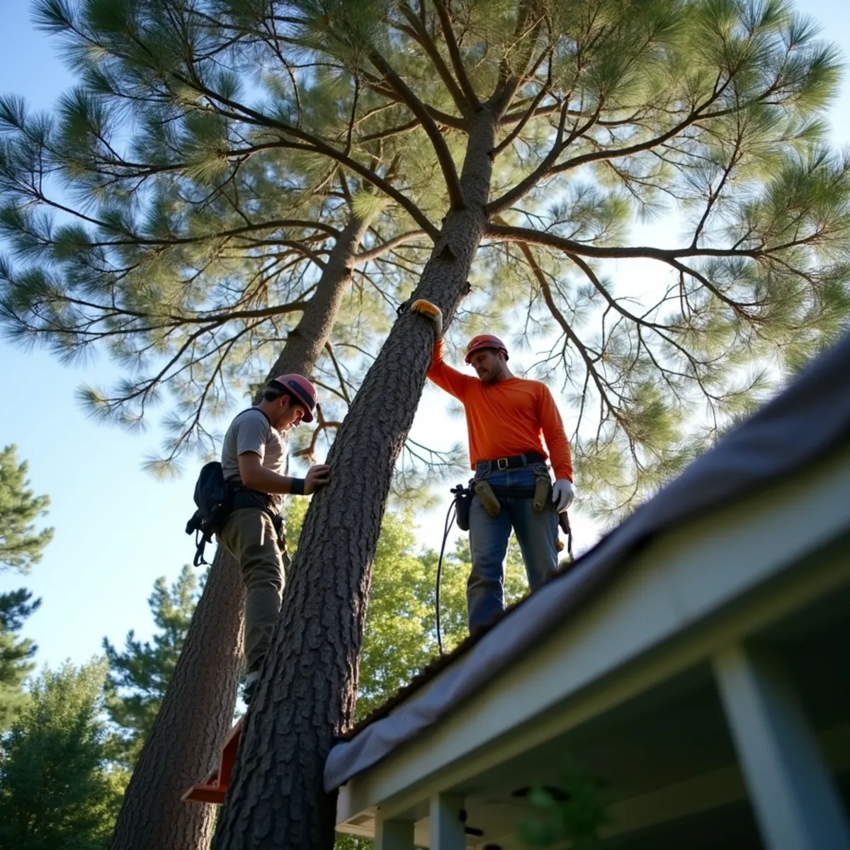 Leaning pine tree aligned directly over residential bedroom roof