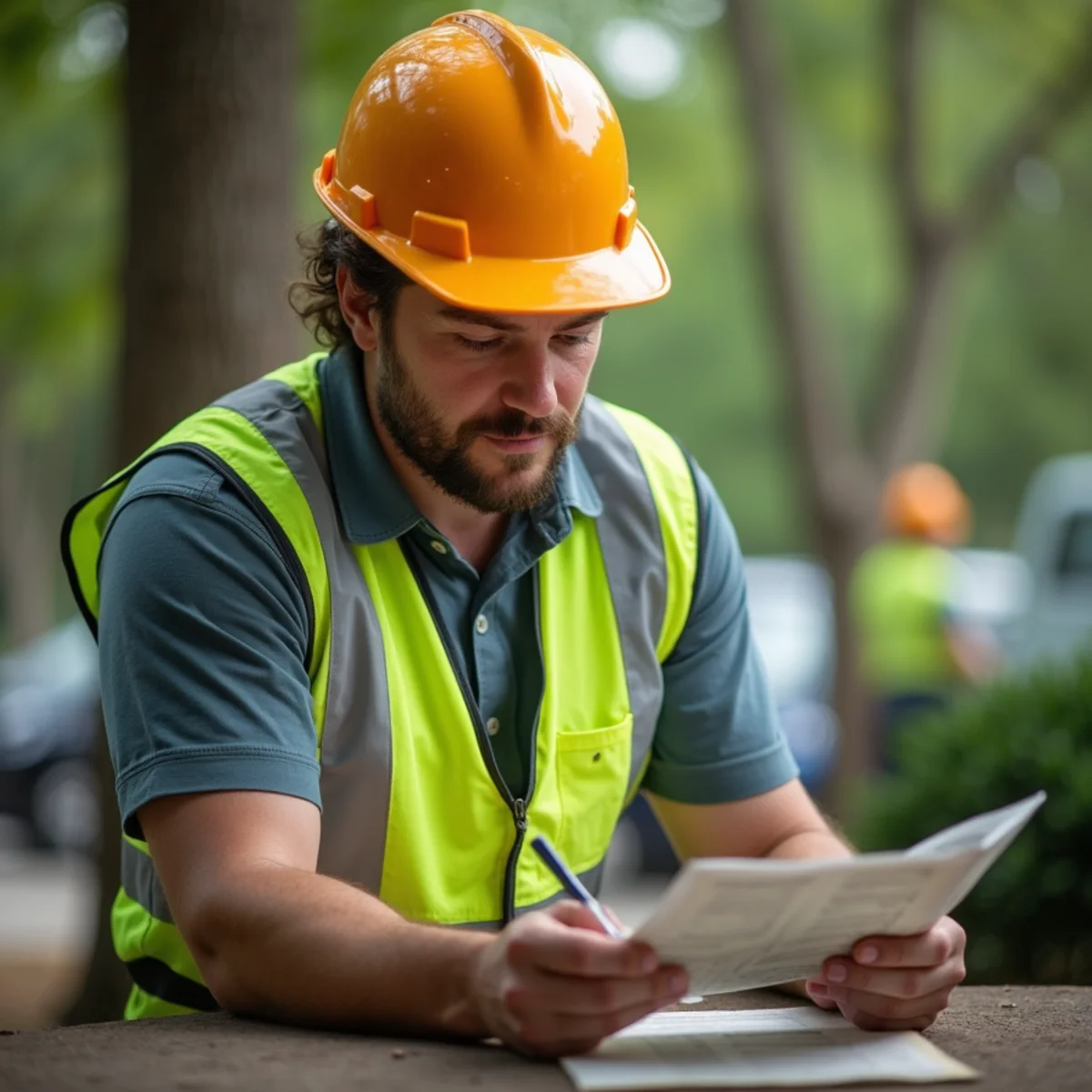 Commercial arborist conducting tree risk assessment in office park