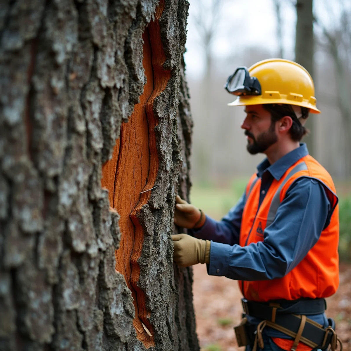 Vertical trunk crack in maple tree caused by heavy winter ice load