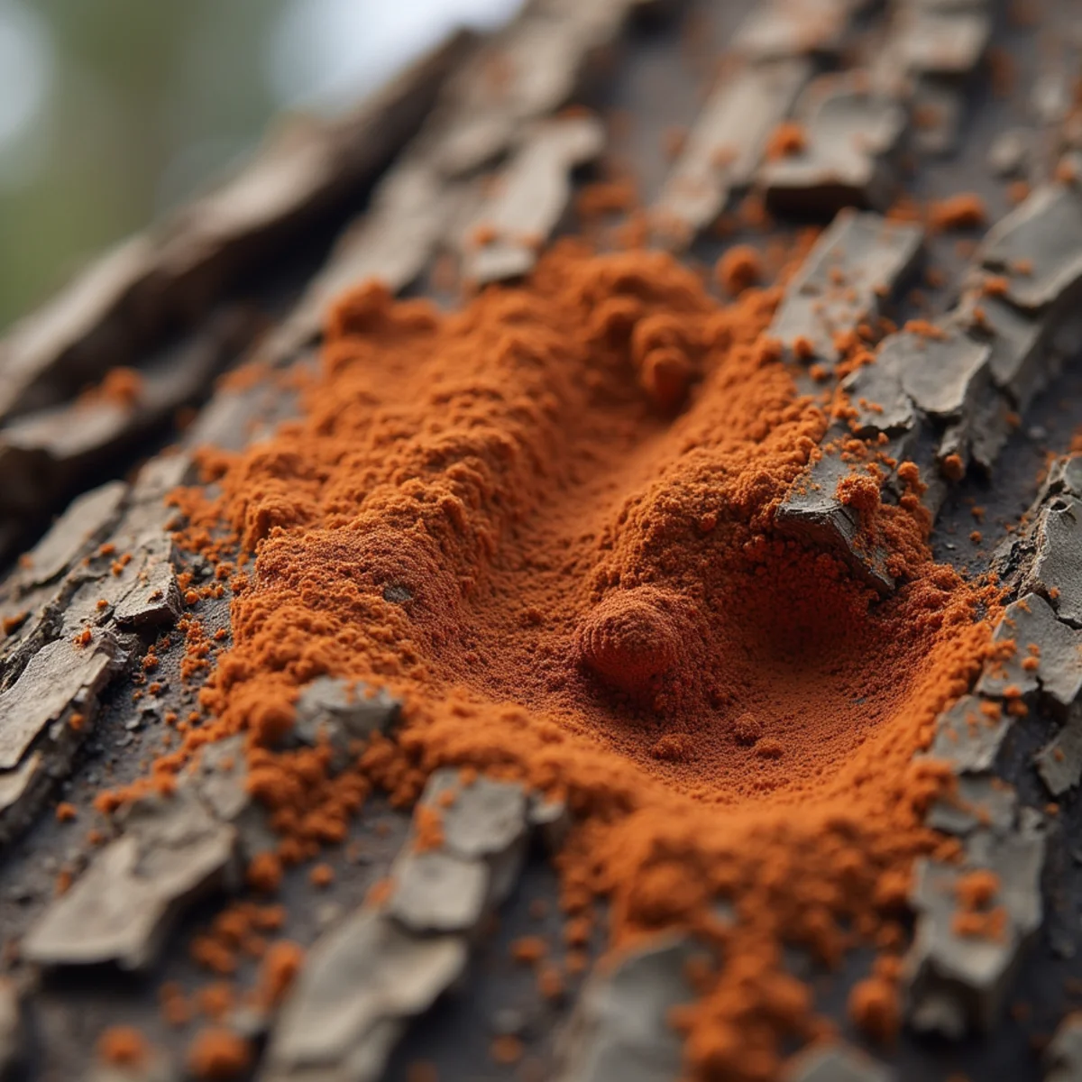 Fine reddish-brown boring dust accumulated in pine bark crevices