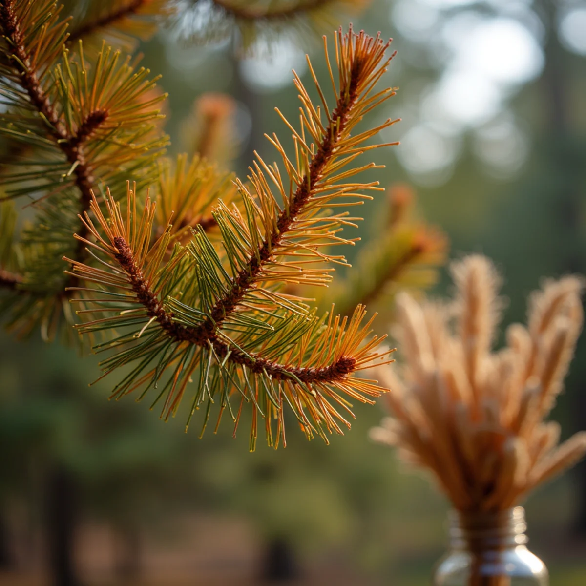 Pine canopy needles fading from yellow-orange to rusty brown