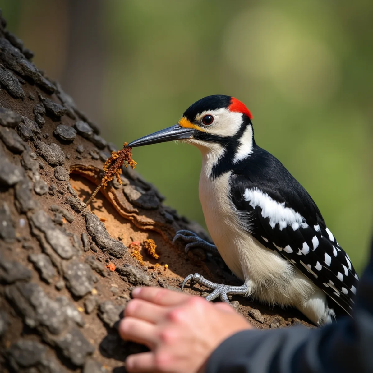 Woodpeckers flaking off pine bark searching for beetle larvae