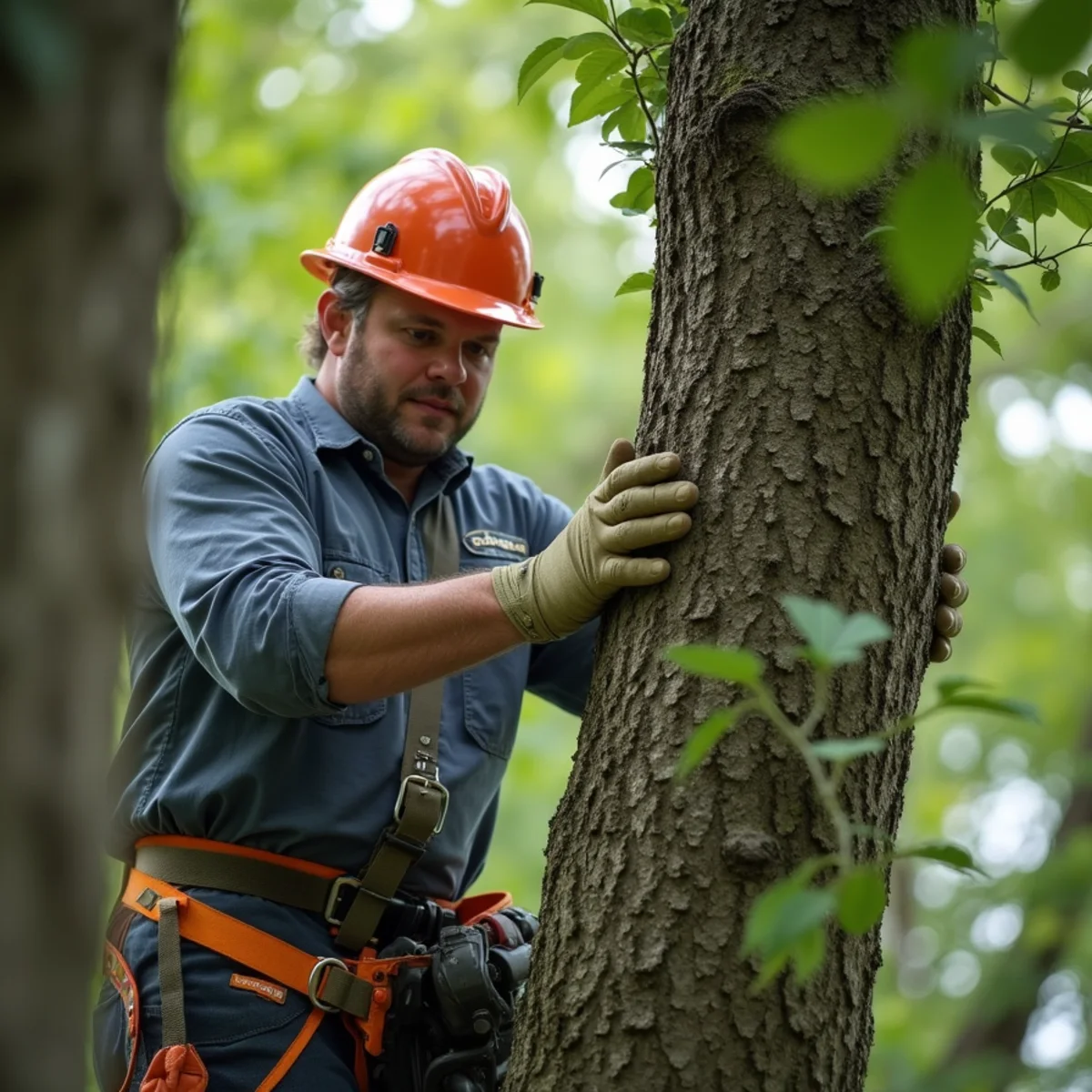 Arborist thinning canopy to reduce wind sail resistance before storm