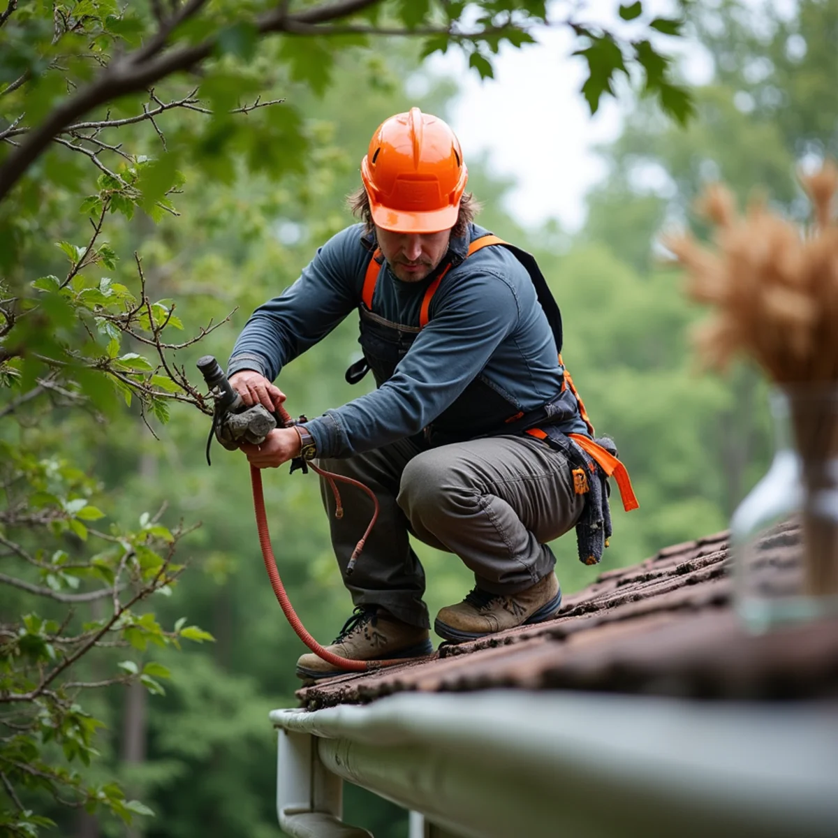 Pruning branches to maintain 10-foot clearance from roof and gutters