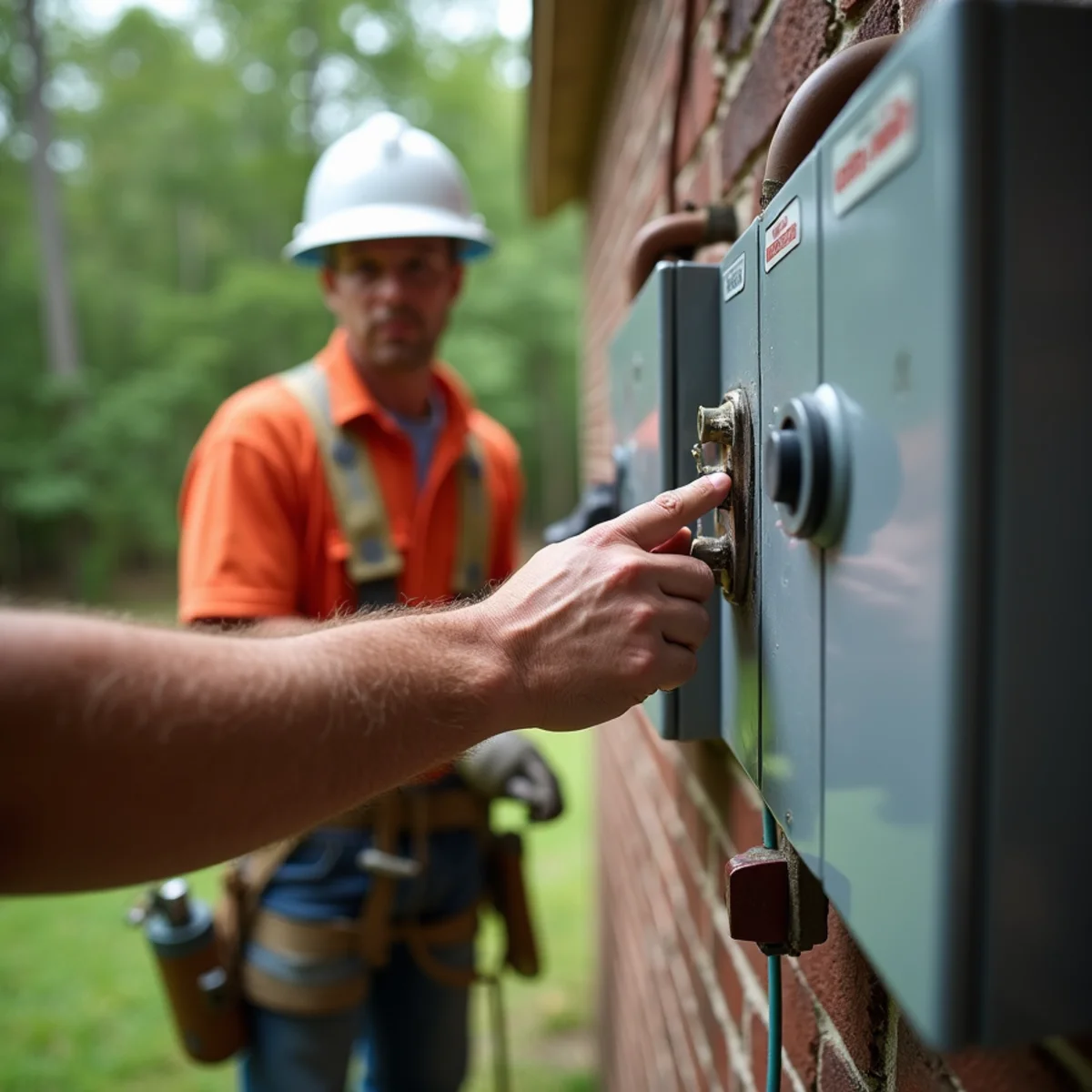 Homeowner safely shutting off main electrical circuit breaker