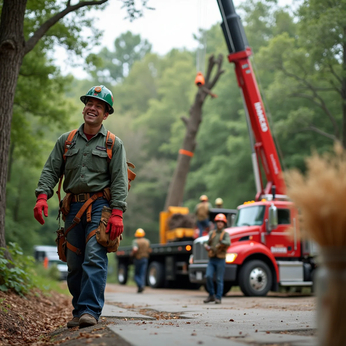 Arborist crane crew arriving for emergency roof tree extraction