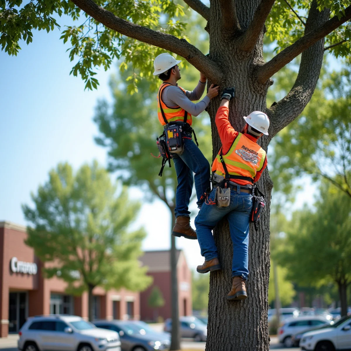 Tree care team pruning ornamental and shade trees along a commercial office park