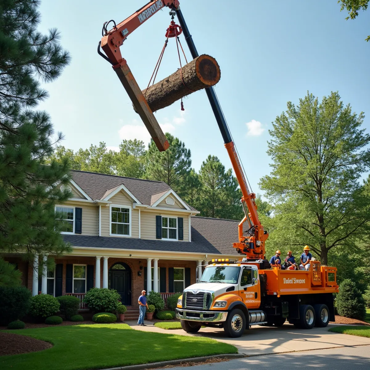Crane-assisted tree takedown over tight-access backyard