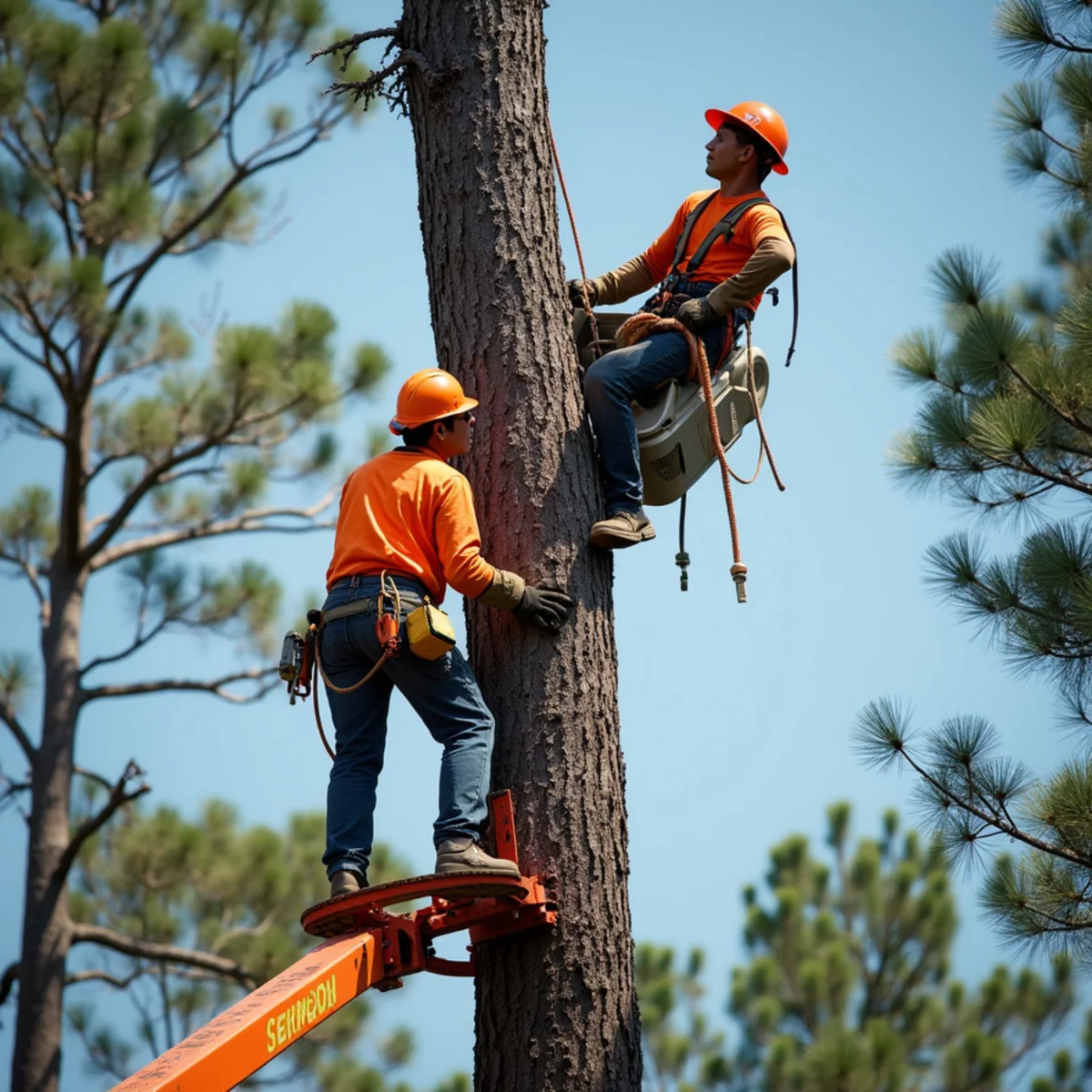 Removal of standing dead pine tree with bucket truck