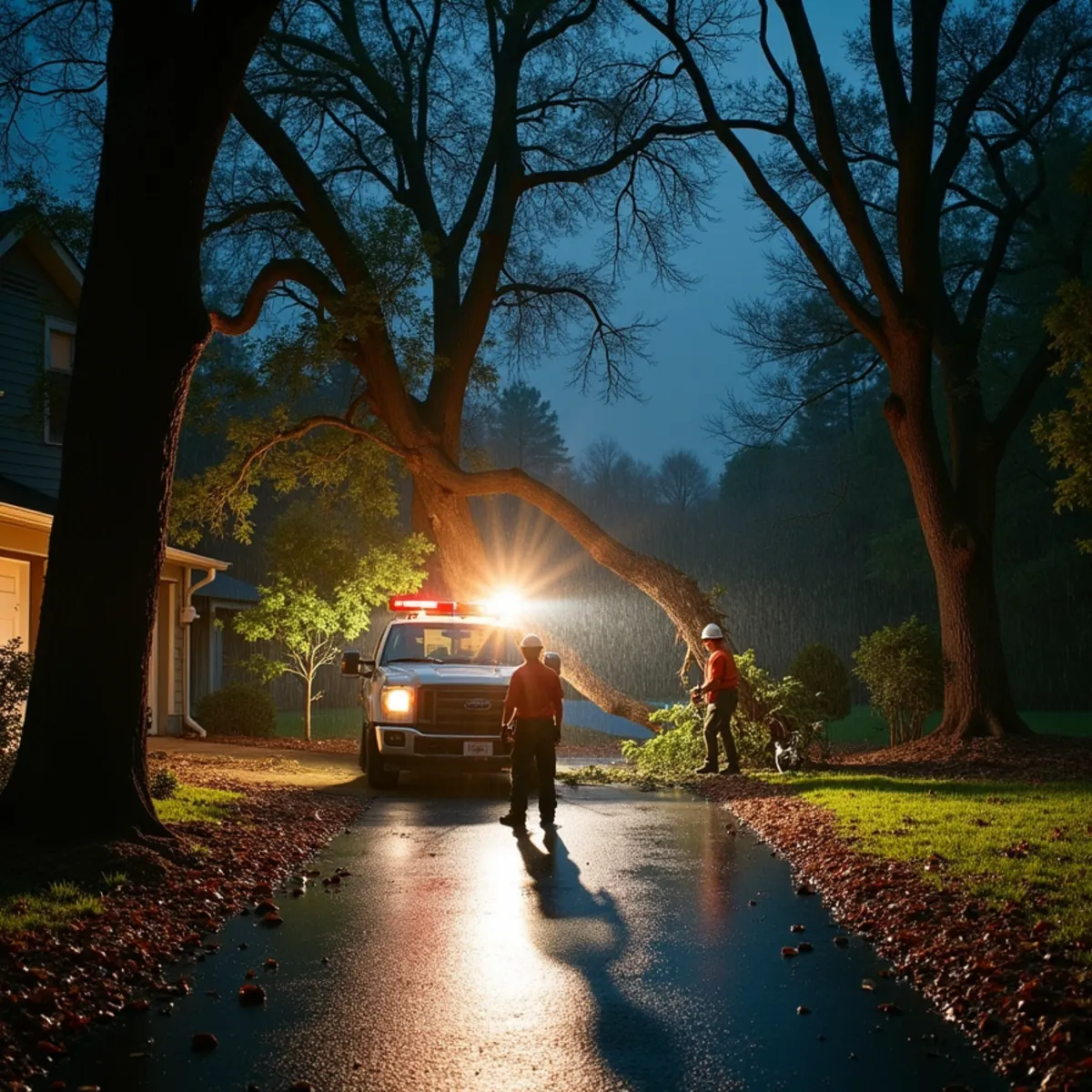 Emergency tree service crew removing storm fallen tree from driveway