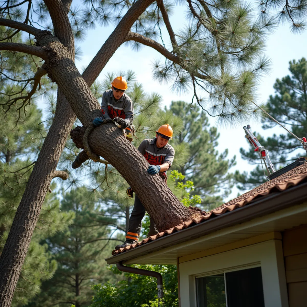 Tree safely lifted off damaged roof structure by tree professionals