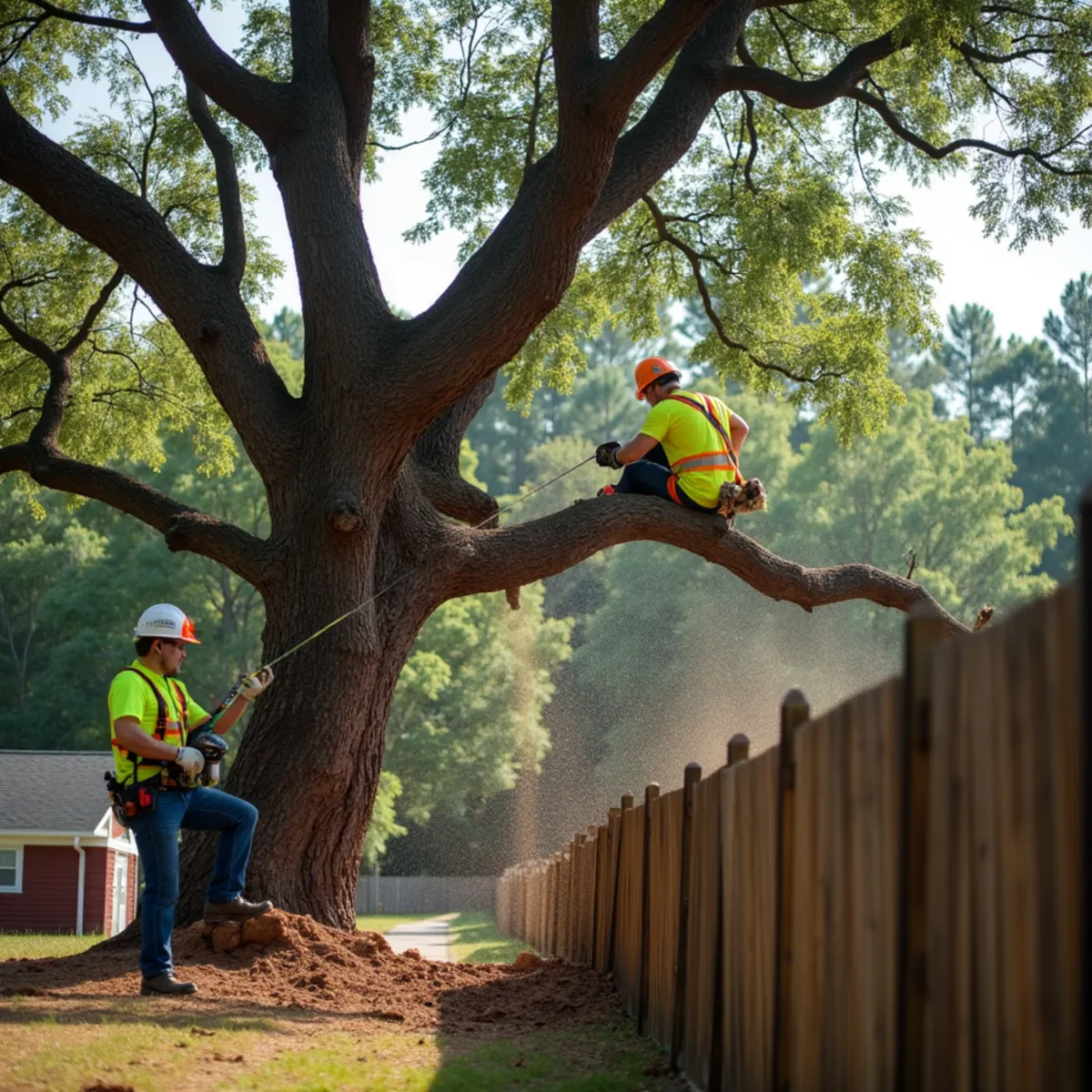 Dangerously leaning tree with root plate heaving removed safely
