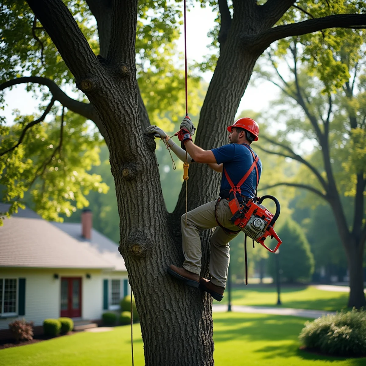 Joe's Tree Care arborist rigging and lowering heavy oak branch safely in Salisbury NC