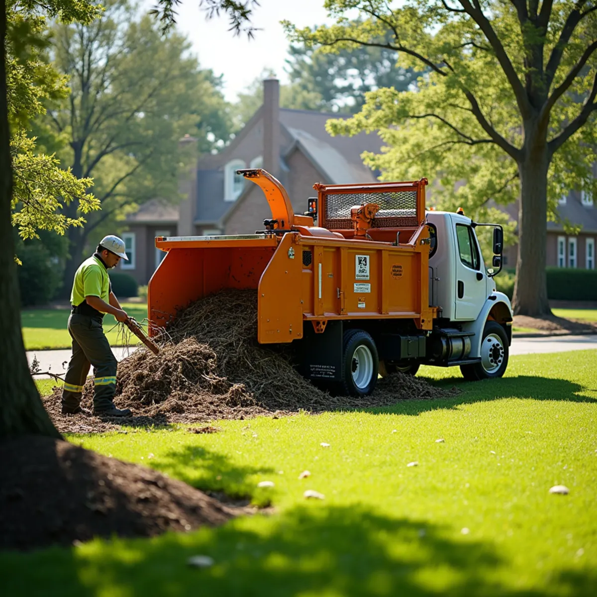 Tree service crew feeding branches into wood chipper with protective turf mats on Salisbury NC yard