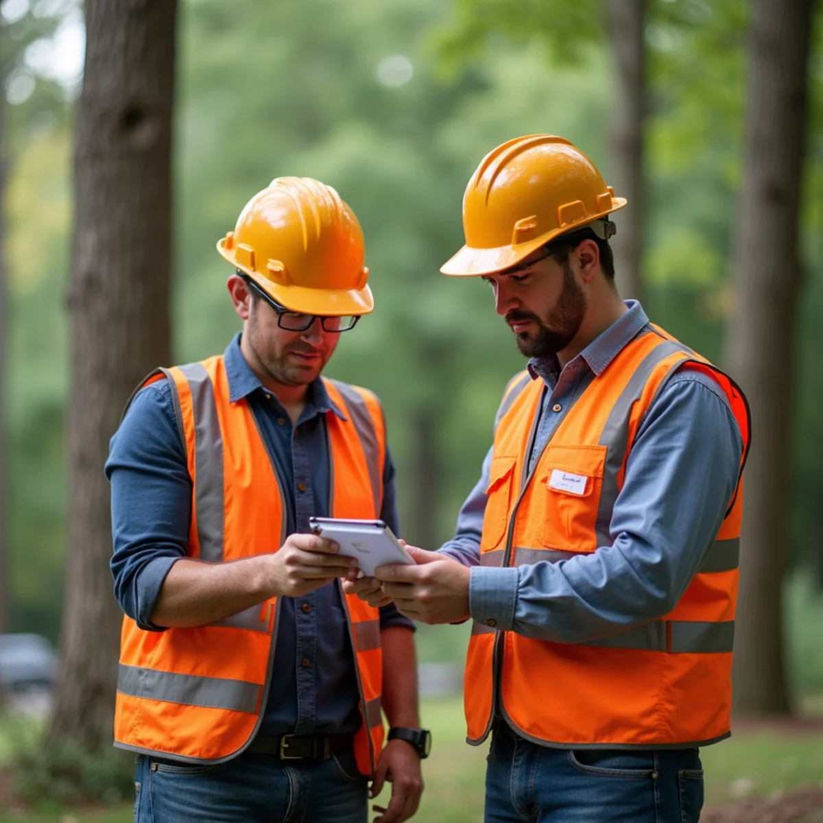 Tree service foreman reviewing written storm damage report with homeowner