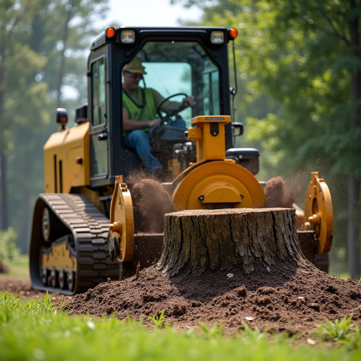 Commercial stump grinder pulverizing tree stump below grade level