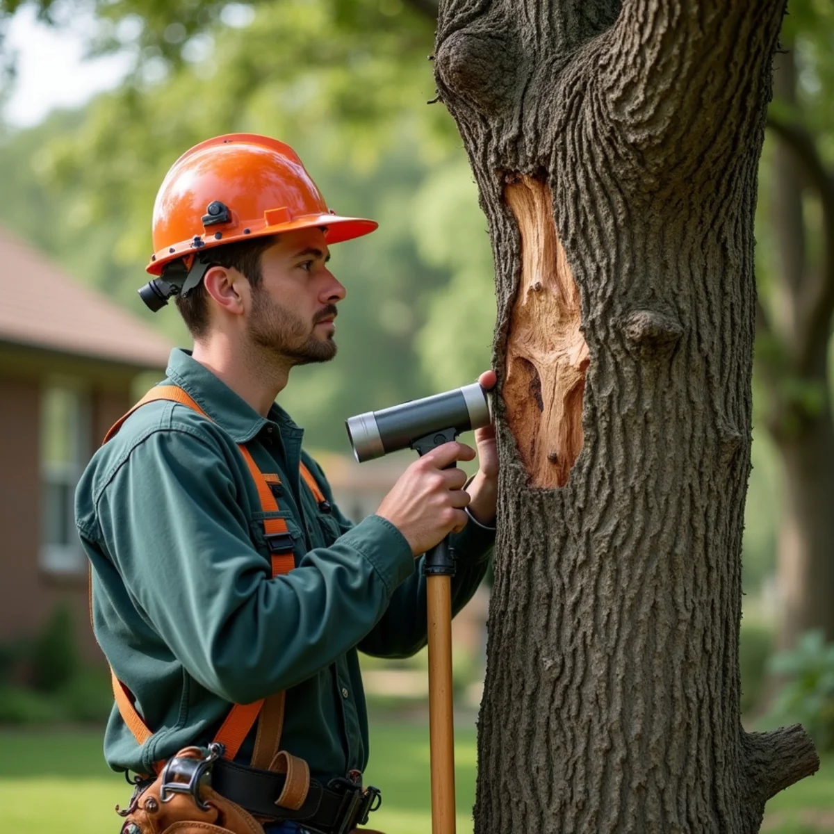 Arborist inspecting bark and root collar for fungal decay and pests