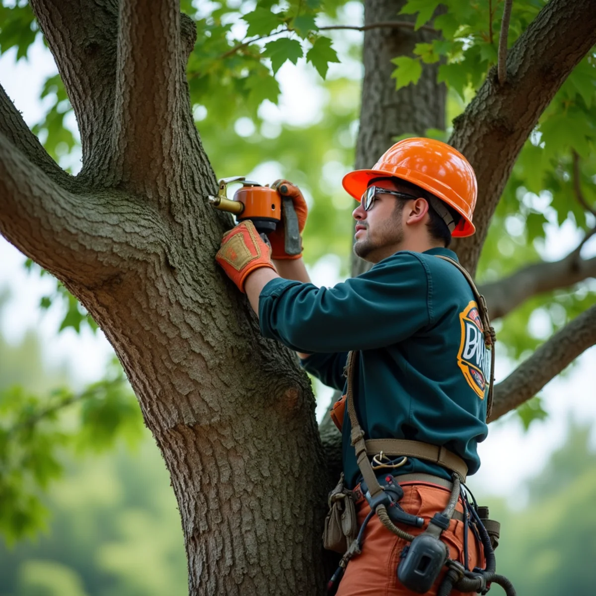 Certified tree trimmer pruning hazardous limbs away from roofline